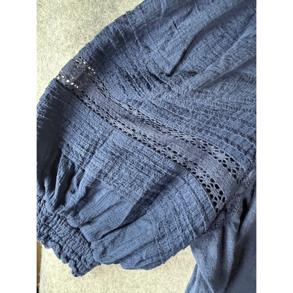 LOFT Navy‎ Blue Pintuck Eyelet Puff Sleeve Knit Top Medium
